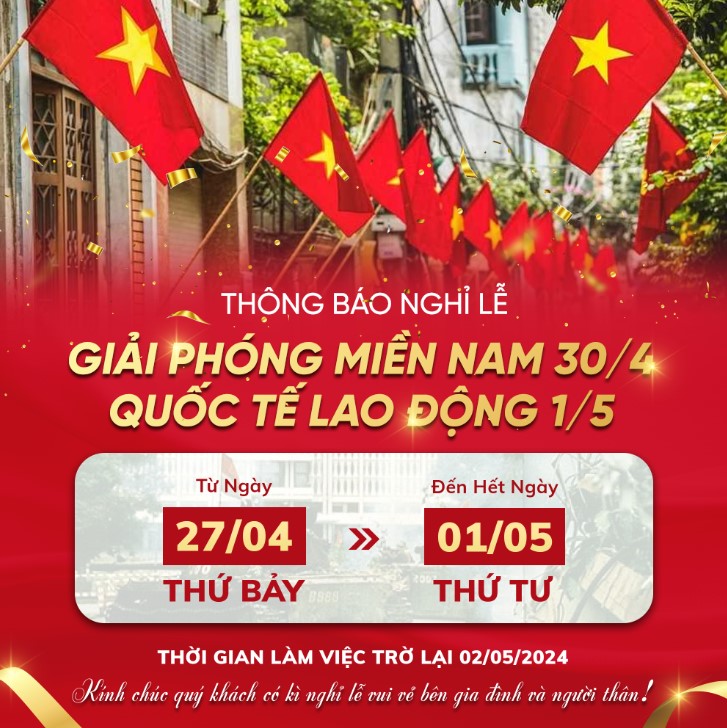 Holiday notice for April 30th and May 1st with Vietnamese flags banner poster social, poster thông báo lịch nghỉ lễ Ngày Thống nhất